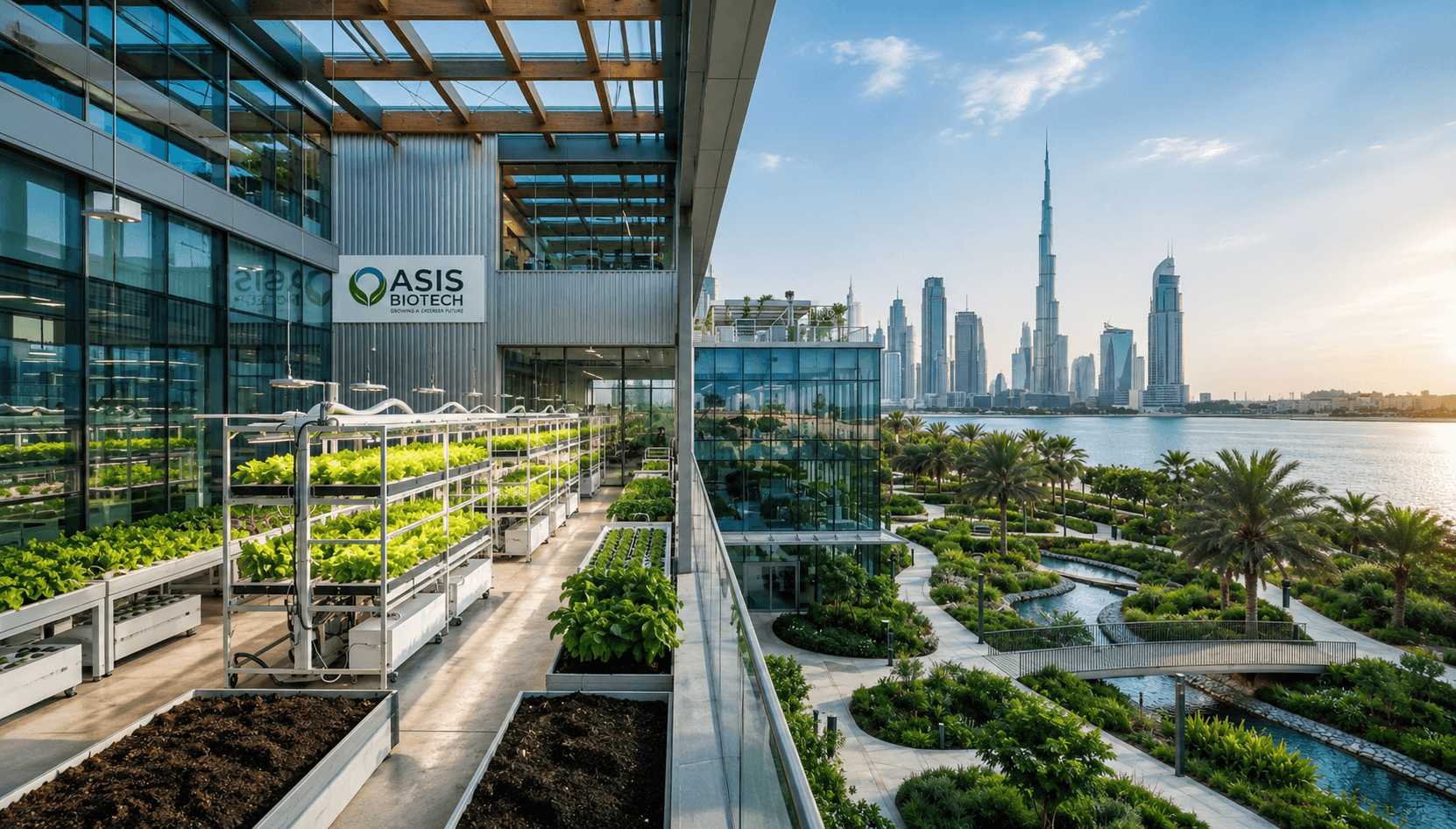 Researcher inspecting plants inside a modern agricultural research facility overlooking a Gulf skyline