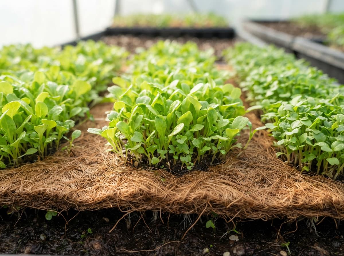Rows of bright green seedlings emerging through a natural biodegradable fibre mat