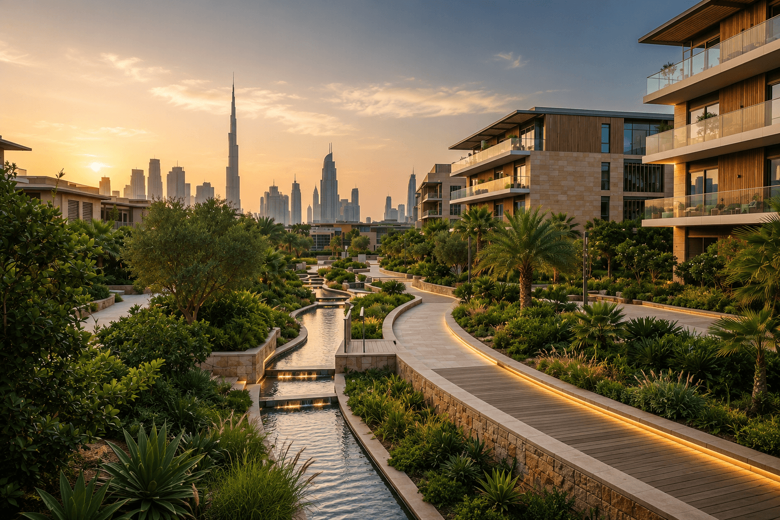 Terraced green landscaping and waterway winding through a modern Gulf city development at dusk