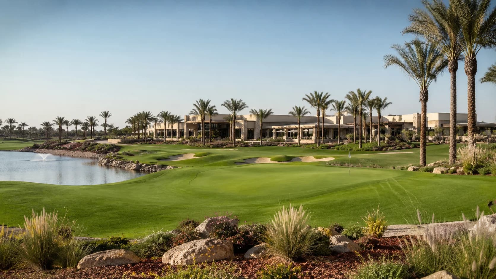 Golf course and sports facility landscape with maintained turf and open green areas