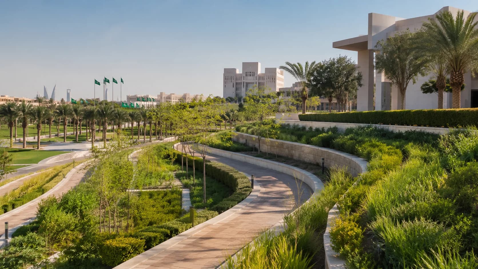 Large public landscape project with structured planting and civic green space