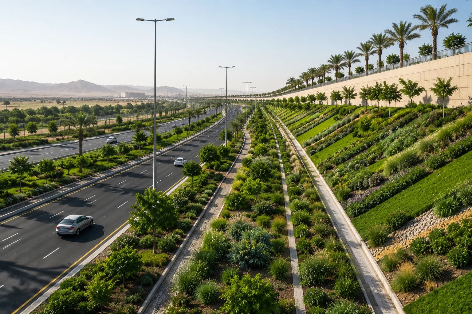 Roadside landscape with sustainable greenery and roadside planting