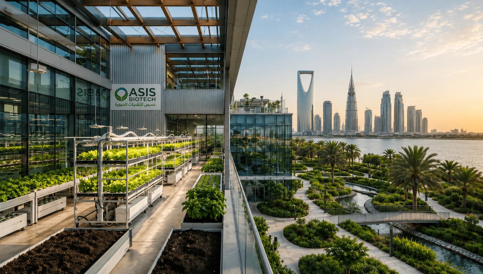 Researcher inspecting plants inside a modern agricultural research facility overlooking a Gulf skyline