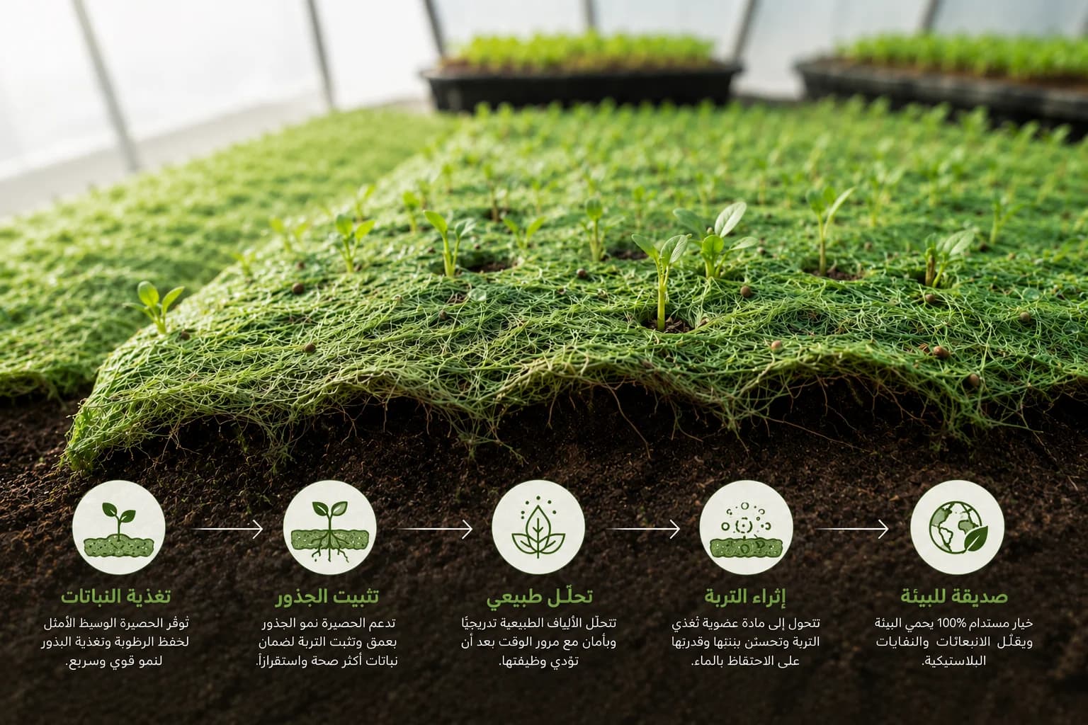 Rows of bright green seedlings emerging through a natural biodegradable fibre mat