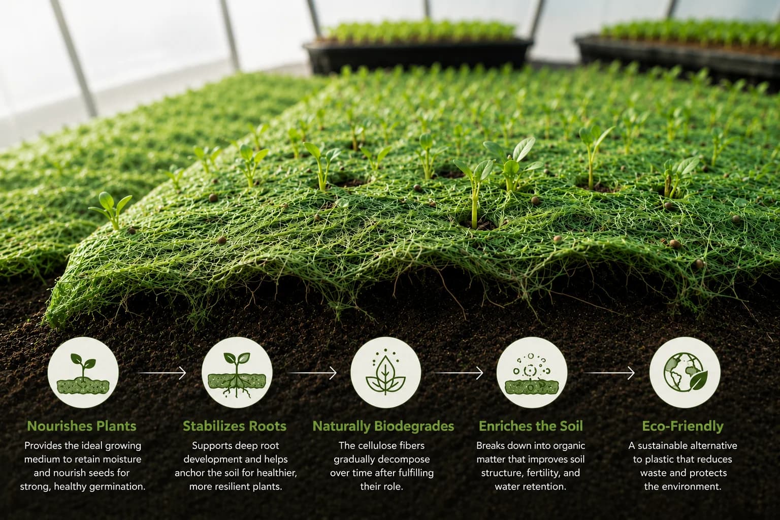Rows of bright green seedlings emerging through a natural biodegradable fibre mat