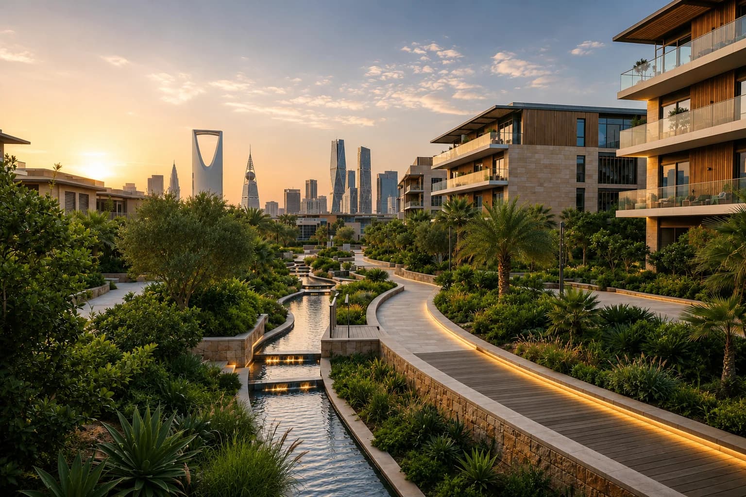 Terraced green landscaping and waterway winding through a modern Gulf city development at dusk