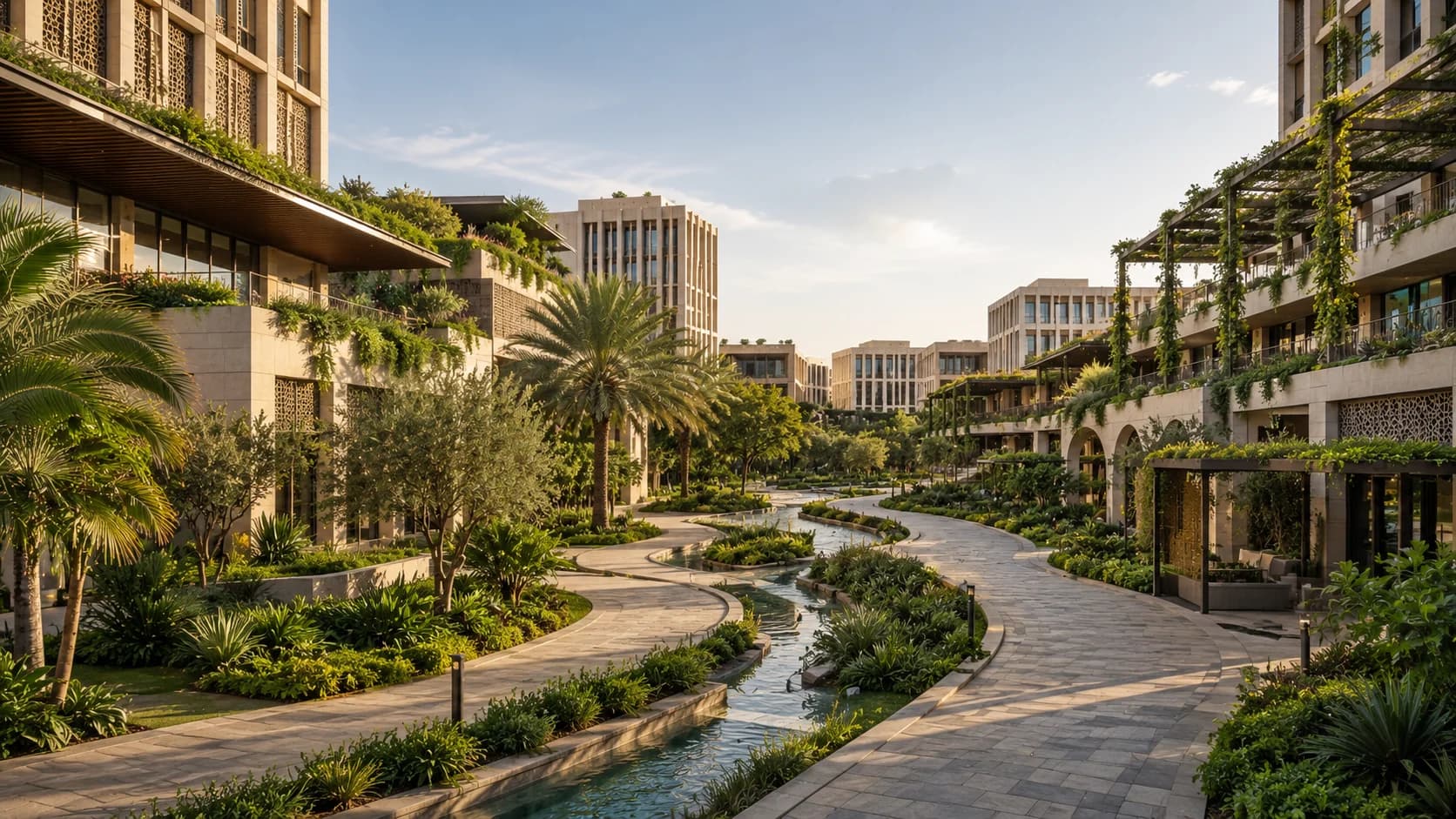 Landscaped pedestrian plaza with lush planting between contemporary Gulf buildings