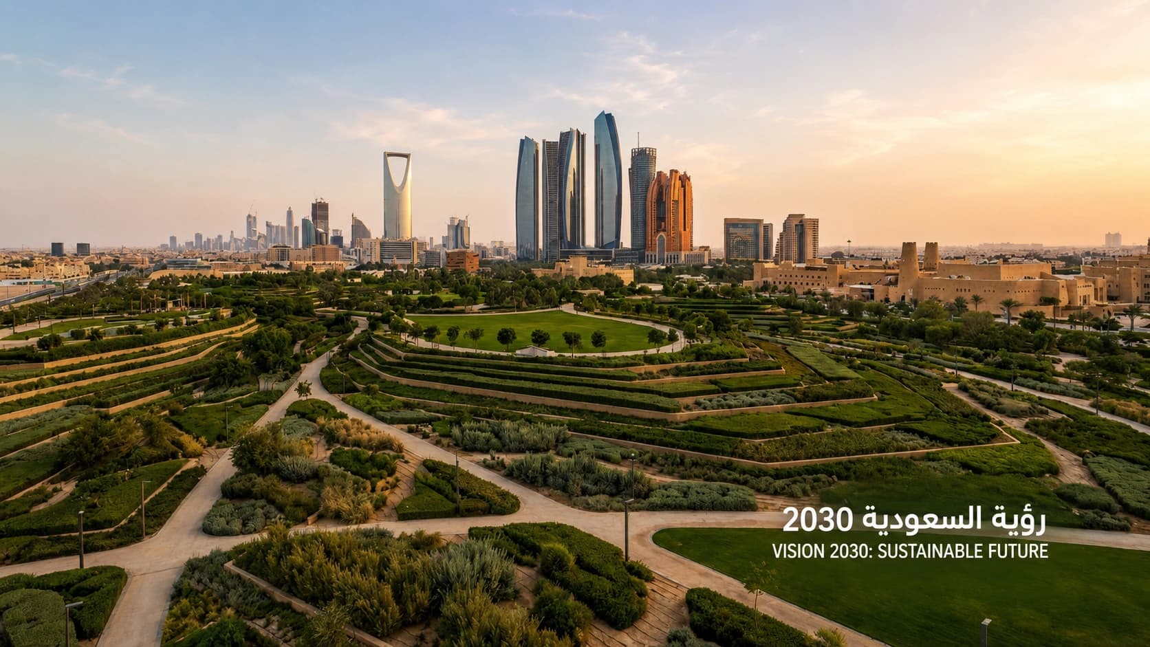Aerial view of a vast terraced green park framing a Gulf city skyline at sunrise